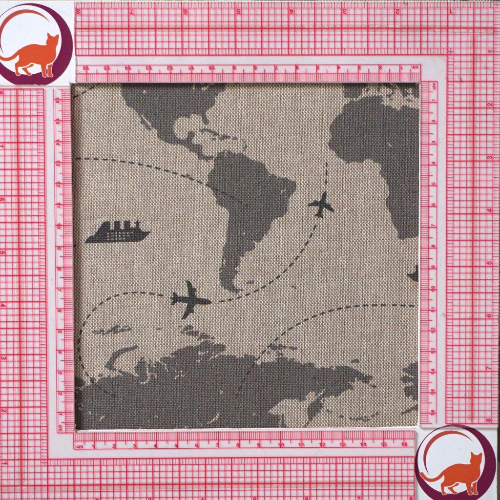 Preview: Dekostoff Leinenlook Landkarte Flugzeugrouten grau beige